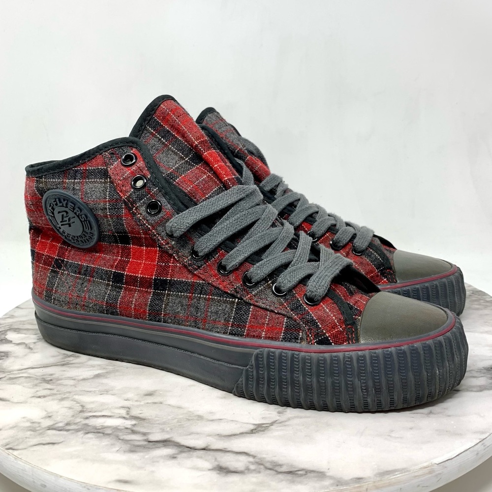 PF Flyers Hi Reissue Red/Gray Plaid Flannel Sneakers Unisex 9-MNS/10.5-WMS Skate
